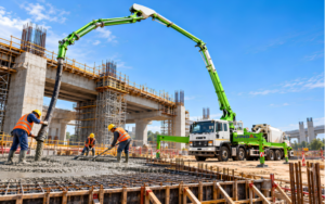 A modern concrete boom pump placing concrete at a large construction site, with the articulated boom extended toward a high-rise or major infrastructure structure.
