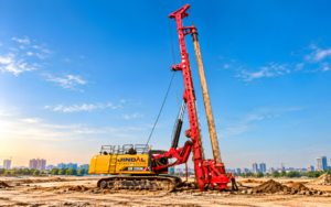 A heavy-duty piling rig drilling at a major infrastructure construction site, with foundation work, reinforcement cages, and construction equipment visible in the background.